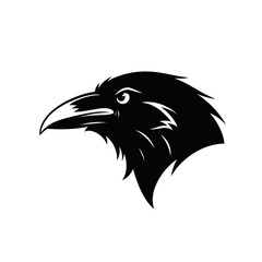 Fototapeta premium Black raven head in profile, a stylized graphic illustration of a crow's head with a sharp beak and eye, isolated on white.