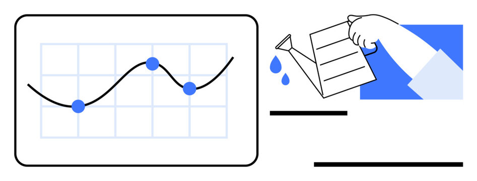 Business growth, data visualization, analytics, sustainability, investment strategy, nurturing ideas. Graph with data points and a hand watering a sheet. Business growth and data visualization