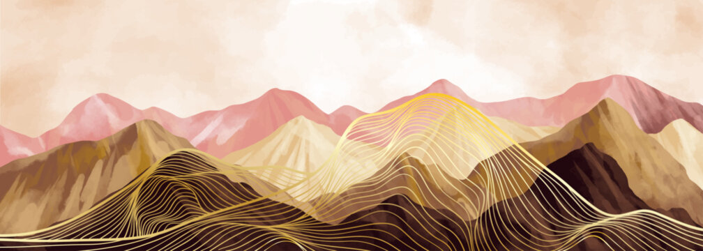 Mountain landscape watercolor painting illustration with line art pattern. Abstract contemporary aesthetic backgrounds landscapes. mountains, hills and skyline