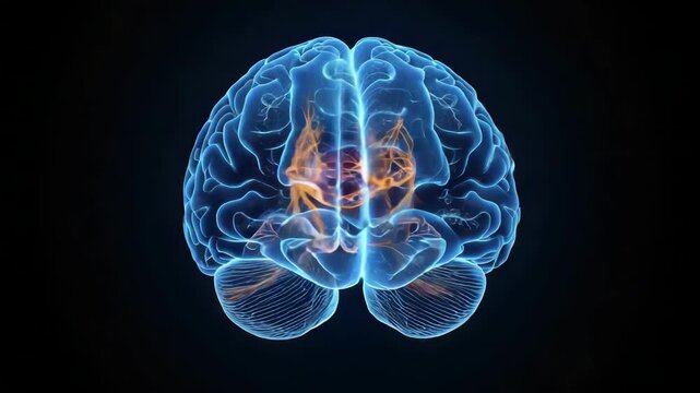Glowing translucent human brain anatomy illustration with neural activity, highlighted neural