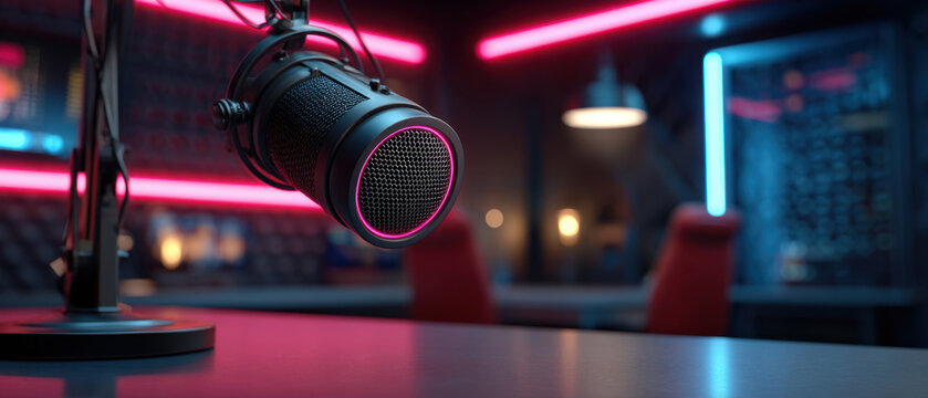 Neon podcast studio microphone in modern recording room with cinematic lighting, empty chairs, and blurred background