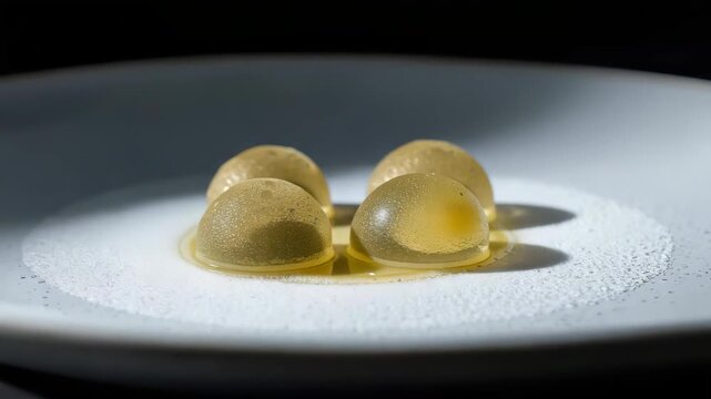 Golden agar molecular gastronomy food gel spheres on white plate with glossy gelatin texture