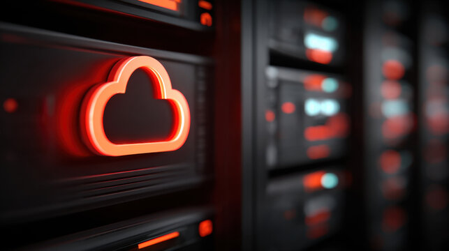Cloud icon data center server rack network storage digital icon cloud computing online backup system security red glow technology