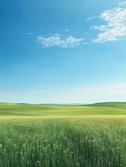 Fototapeta premium Vast sunlit meadow of tall green grass and small wildflowers, gentle rolling hills on the horizon beneath a bright blue sky with wispy clouds, calm and peaceful atmosphere