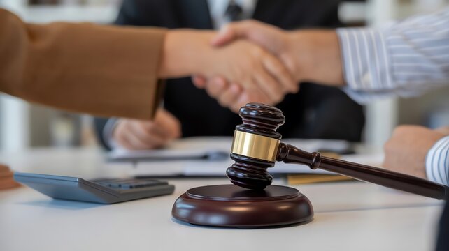 Justice Agreement: Handshake Symbolizing Legal Deal with Gavel and Calculator on Desk