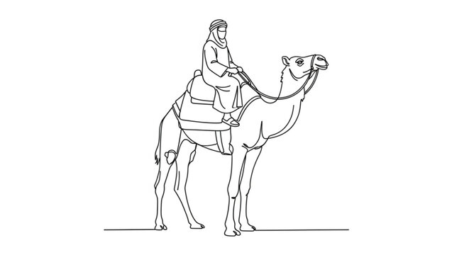 Line Art Illustration of a Person Riding a Camel in the Desert, Depicting Traditional Travel