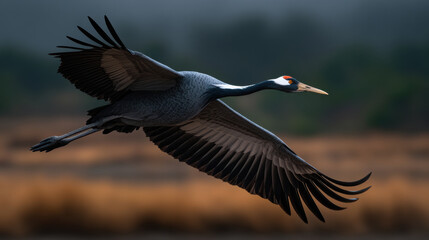 Fototapeta premium Crane in flight over blurred wetland, elegant bird silhouette with wide wing span in natural daylight