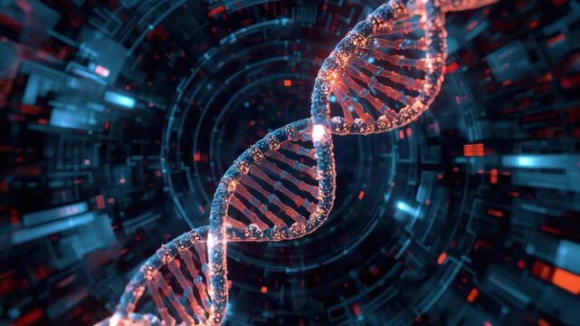 Glowing digital DNA helix biotechnology genetics molecular laboratory futuristic helix tunnel with