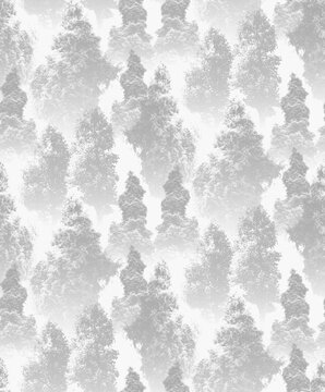 Seamless sophisticated modern abstract texture with snowy winter forest silhouettes and misty white tree patterns for serene backdrops
