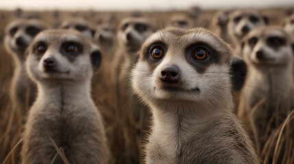 Fototapeta premium Meerkat group in dry grass field with alert faces and soft natural light