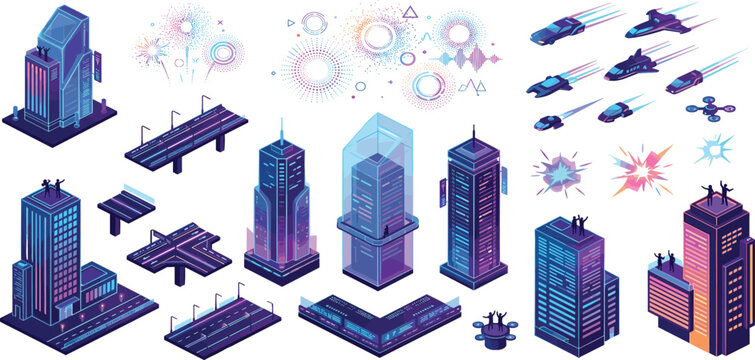 Isometric cyberpunk city elements set with neon skyscrapers flying cars futuristic roads and high tech infrastructure for smart metropolis gaming design.