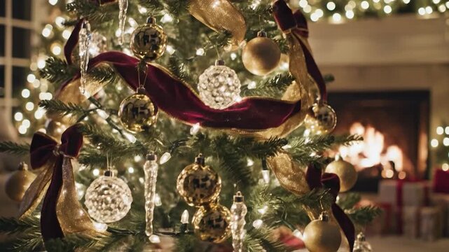Luxurious christmas tree with gold ornaments and red ribbons in a cozy living room with fireplace