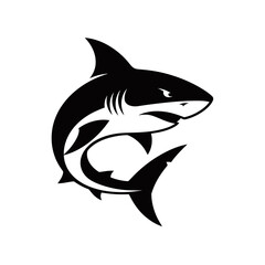Fototapeta premium A stylized black and white illustration of a fierce shark with its mouth slightly open.
