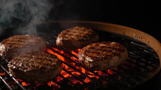 Grilled beef patty sizzling on charcoal grill with smoky sear marks and charred aroma