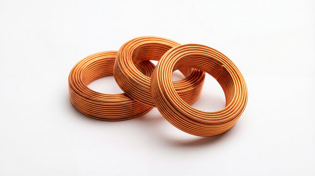 Three copper coil inductors isolated on white background showing electronic components for circuit design and electrical engineering applications
