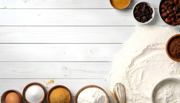baking ingredients flatlay background with flour eggs and kitchen essentials