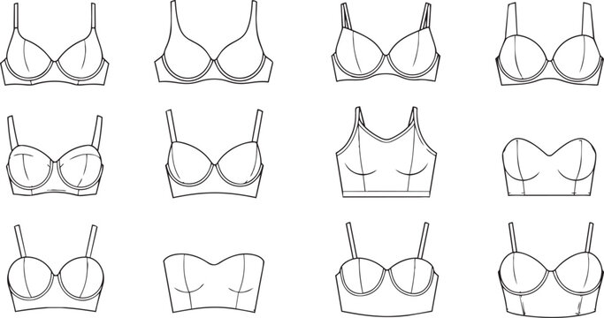 Bra and bustier fashion design line art vector set isolated on white background