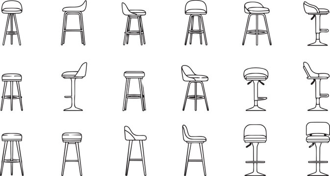 Bar stool furniture icon set line art vector collection isolated