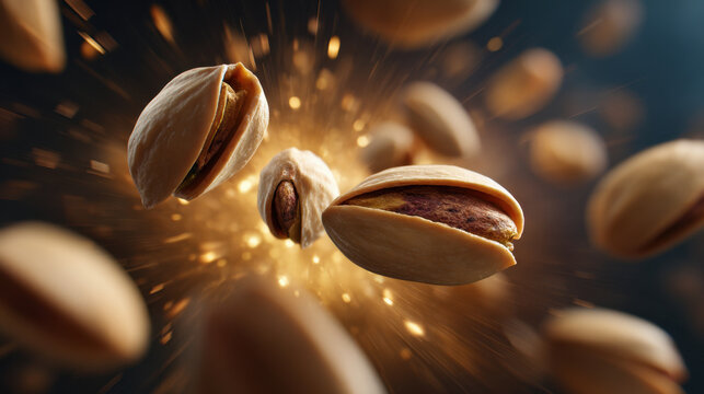 Pistachio nut explosion flying nut macro shot close up brown shell green seed food motion snack food
