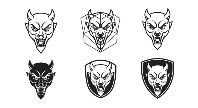 Collection of Fierce Devil Head Illustrations in Various Styles.