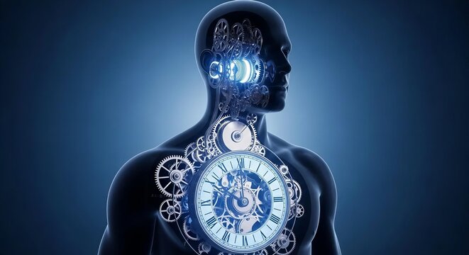 Human Biological Clock Concept with Mechanical Gears and Internal Timing System