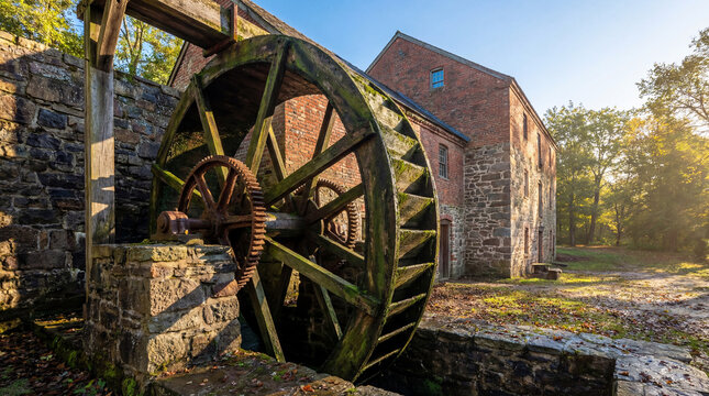 Ancient wooden waterwheel with rusty gears attached to historic brick and stone mill building surrounded by autumn trees in sunny rural setting