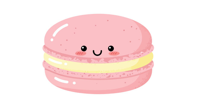 Adorable pink macaron illustration featuring a cheerful kawaii face and creamy filling, a delightful sweet treat graphic for various food-related projects and confectionery designs