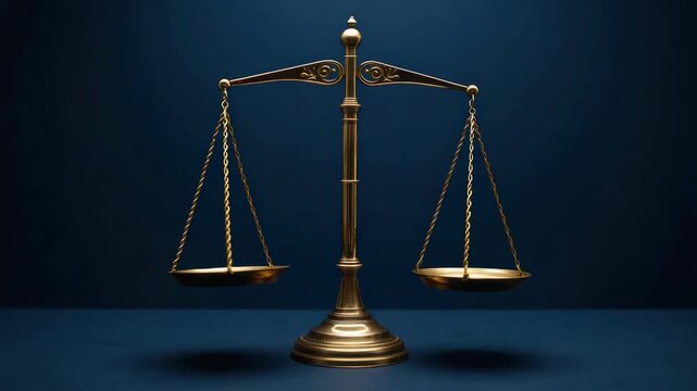 Golden brass balance scale dark blue background evoking justice law fairness with dramatic lighting