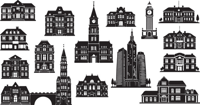 Black and white city skyline with various buildings