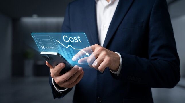 Business professional using smartphone to monitor decreasing project cost metrics and financial performance indicators on holographic dashboard interface in dark office setting