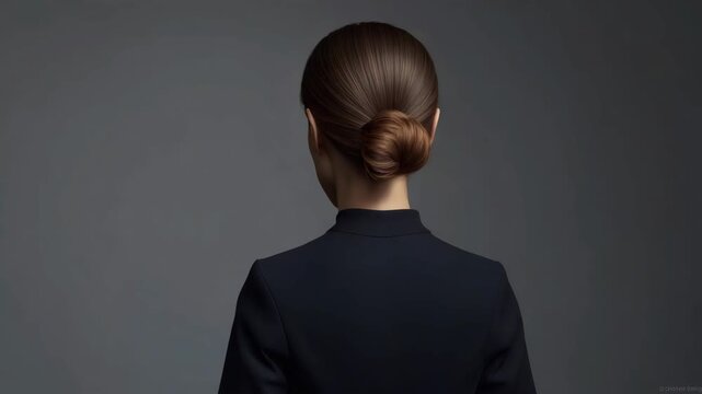 Elegant woman profile hairstyle with sleek bun hair updo blazer jacket calm poised expression