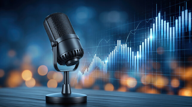 Microphone with glowing chart on blue studio background
