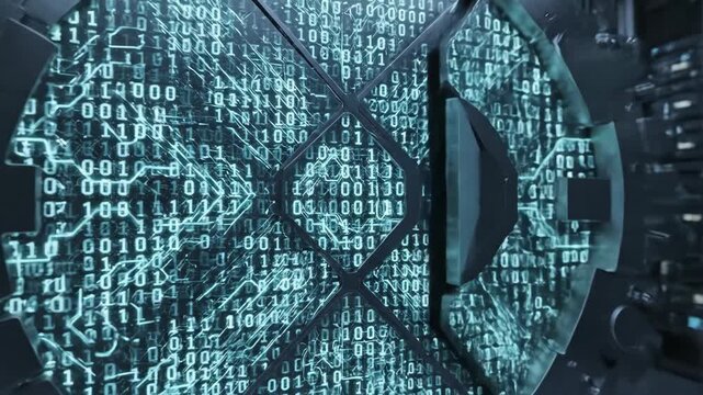 A futuristic digital illustration of a server room with binary code streaming down