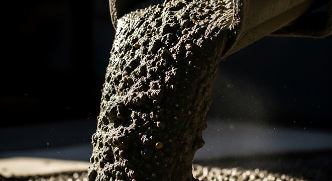 Close-up of wet concrete pouring from a mixer chute on construction site