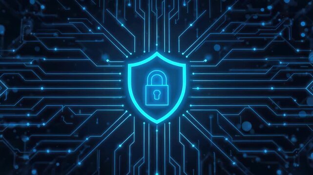Neon cybersecurity shield padlock glowing circuit board with glowing neon circuit lines secure