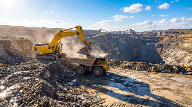 Yellow excavator loading materials into a dump truck in an open-pit mine with conveyor belts