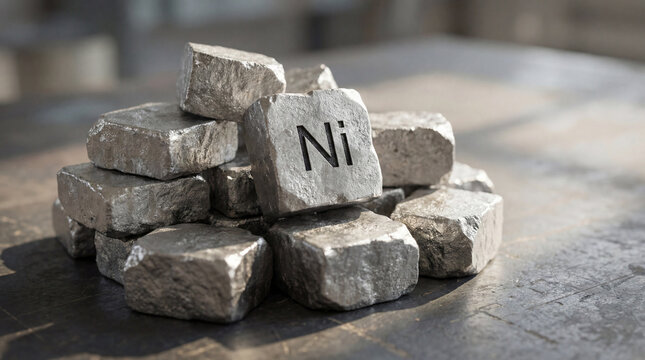 Irregular gray-silver nickel metal blocks stamped with "Ni" stacked in an industrial scene