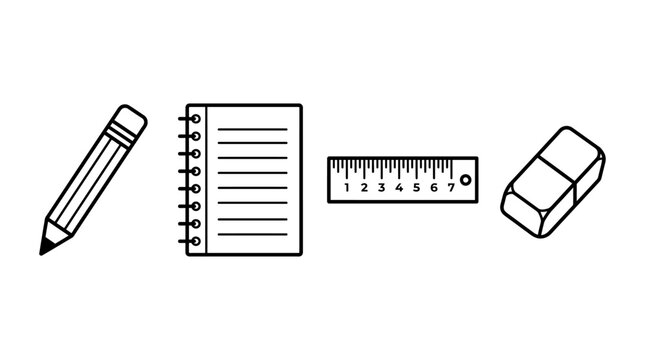 Minimalist school supplies icon set including pencil, notebook, ruler, and eraser on desk