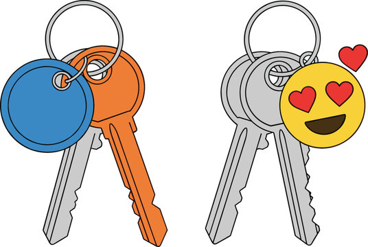 Key set with keychain tags and love emoji symbol cartoon vector illustration isolated on white background for security and relationship concept