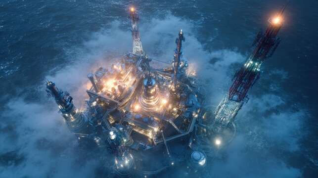 Illuminating Oil Rig at Night with Harsh Ocean Environment.
