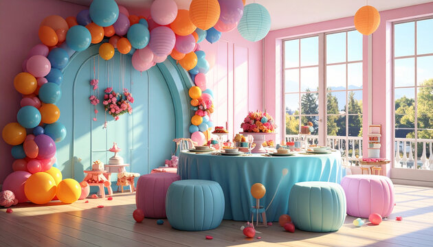 Colorful balloons and party table