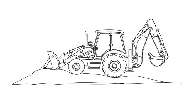 Line Drawing of a Backhoe Loader on a Construction Site with Front and Rear Buckets