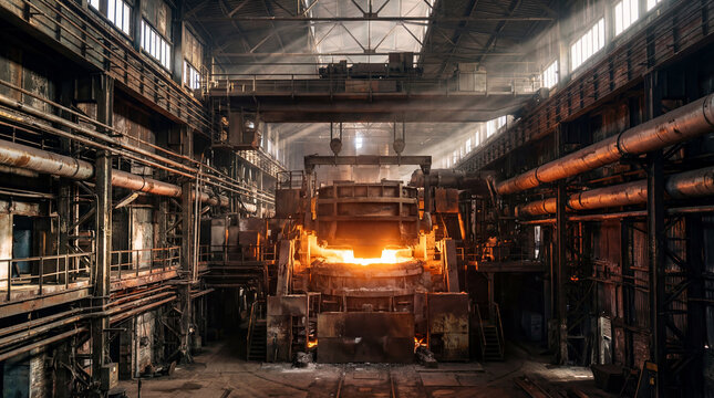 Smelting equipment emitting strong light in an old industrial factory with rusted pipes and steel structures