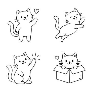 Cute cat character doodle set in various poses for stickers and decoration