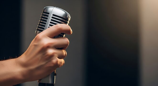 Hand holding a classic vintage silver microphone for performance