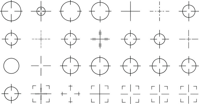 Crosshair Target Reticle Icon Set Featuring Aim Symbols, Scope Marks, Precision Shooting Indicators and Minimal HUD Interface Elements in Flat Style