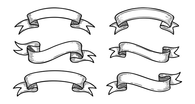 Vintage ribbon banner set hand drawn engraving style for labels and titles