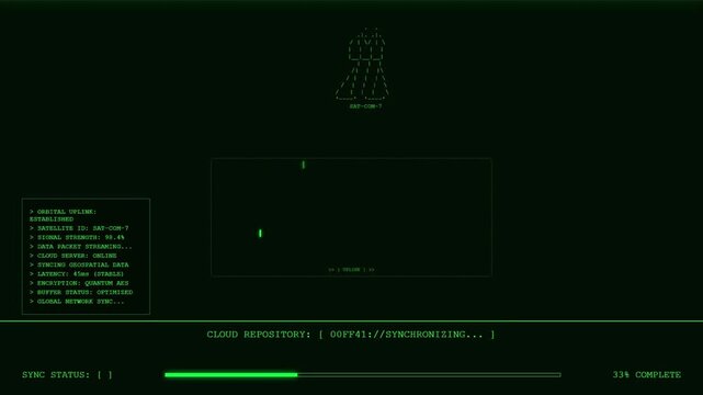 Satellite Orbital Uplink SAT COM 7 Green HUD Interface with Global Network Sync and Cloud Repository Data Streaming Animation.