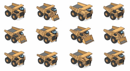 A grid of twelve isometric illustrations of a yellow mining dump truck with a front loader. © Temenan