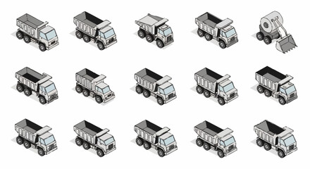 Isometric dump trucks and excavator icons for construction and heavy machinery concepts. © Temenan